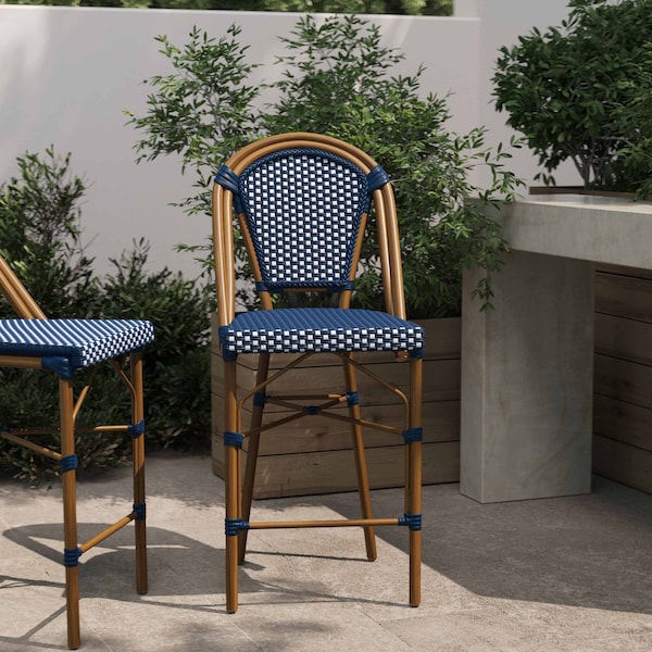 Flash Furniture Bordeaux Stackable IndoorOutdoor French Bistro 26 Counter Height Stool, NavyWhite and Bamboo SDA-AD642001-CS-NVYWH-NAT-GG - main